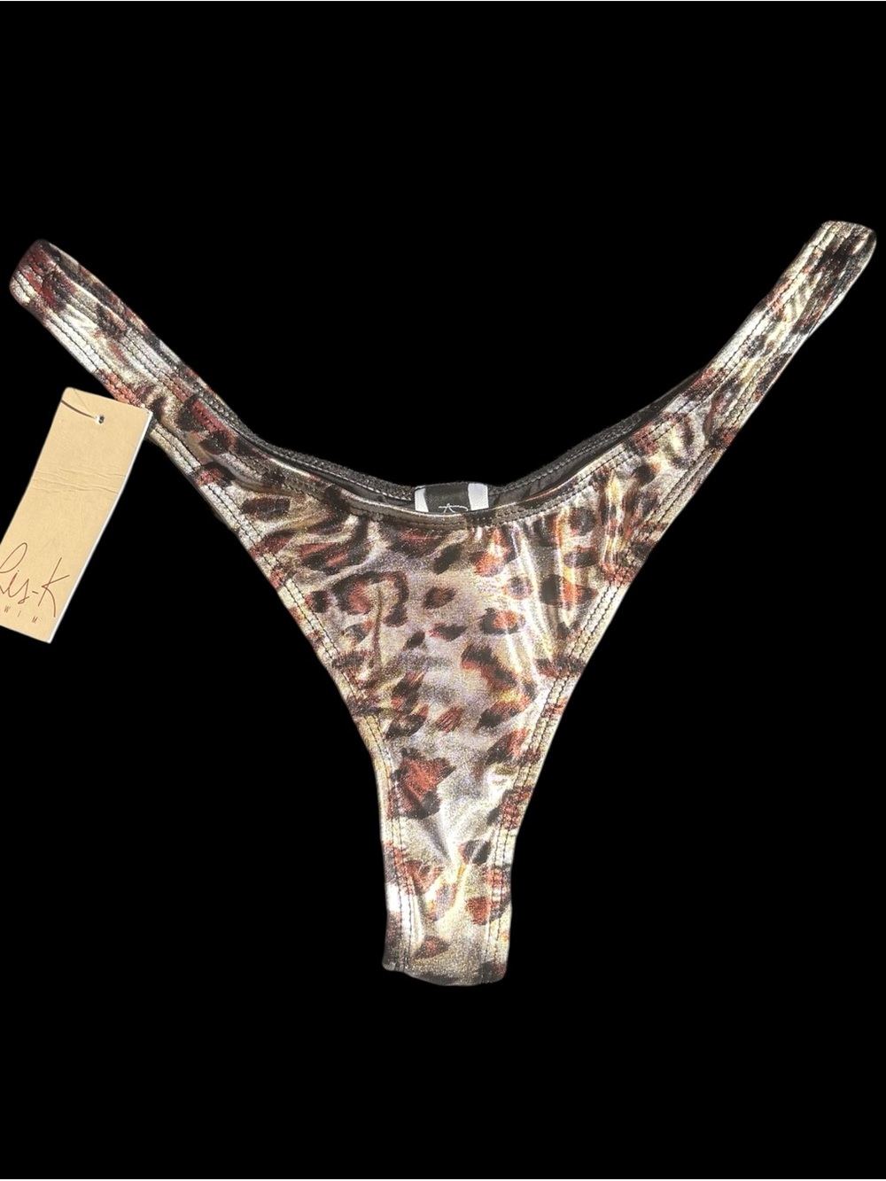 Leopard-Print Thong Bikini Bottom - Metallic